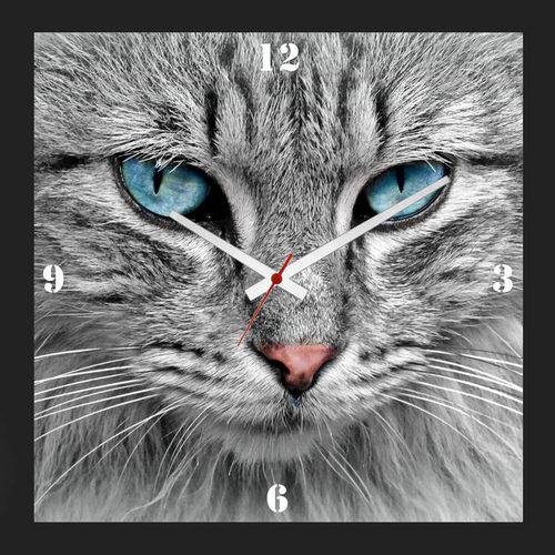 Relógio de Parede Personalizado Moldura Preta Pet Cara de Gato 30x30cm