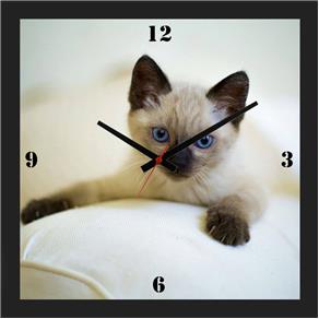 Relógio de Parede Personalizado Moldura Preta Pet Gatinho Filhote 30x30cm