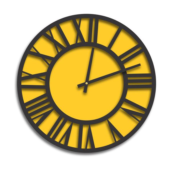 Relógio de Parede Premium Amarelo com Números Romanos em Relevo Preto Ônix 50cm - Prego e Martelo