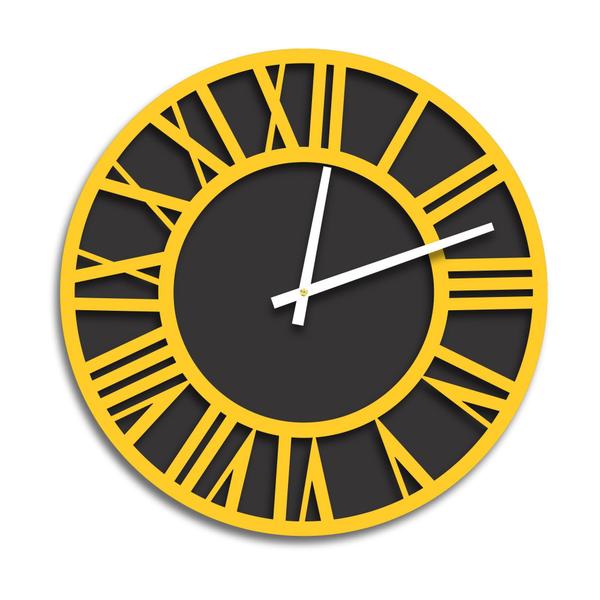 Relógio de Parede Premium Preto Ônix com Números Romanos em Relevo Amarelo 50cm - Prego e Martelo