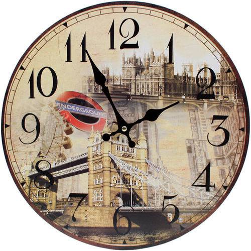 Relógio de Parede Redondo Estampado Retrô Londres 34cm