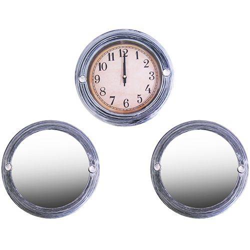 Relógio de Parede Redondo Prata 23cm + 2 Espelho