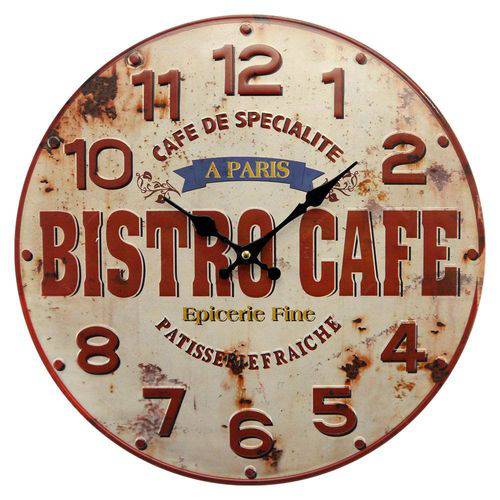 Relógio de Parede Rústico Bistro Café em Metal - 40x40 Cm