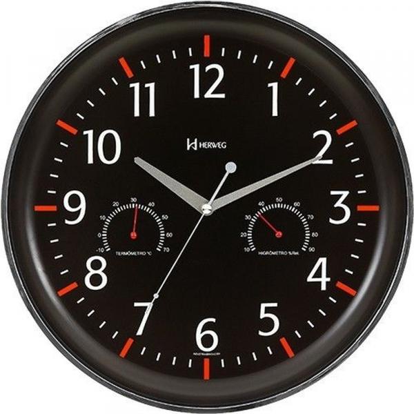 Relógio de Parede Sofisticado Decorativo Termômetro e Higrômetro Redondo Preto com Detalhe Vermelho 6812-028 - Herweg