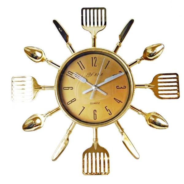 Relógio de Parede Talheres de Cozinha Garfo e Colher Dourado - Imp