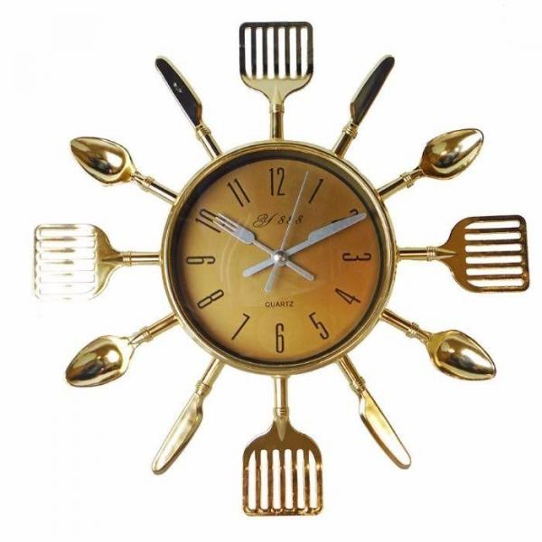 Relógio de Parede Talheres de Cozinha Garfo e Colher Dourado - Nova Era