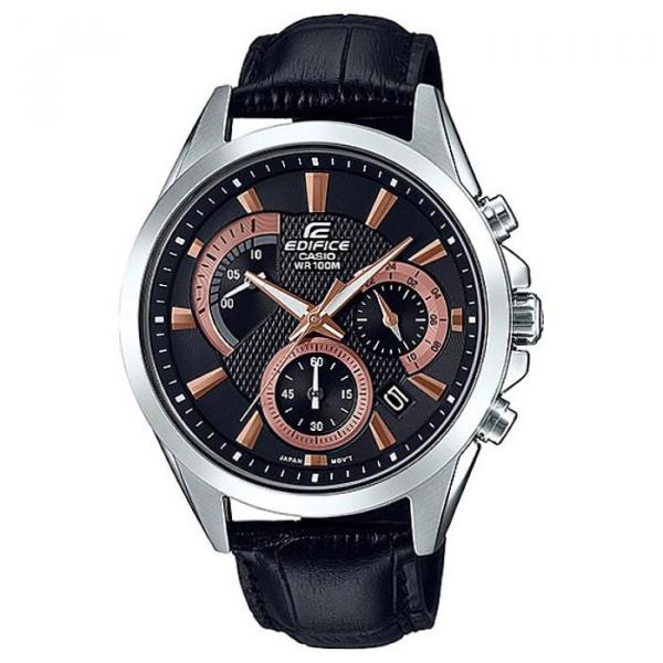 Relógio de Pulso Casio Edifice Masculino com Pulseira de Couro EFV-580L-1AVUDF - Preto e Prata