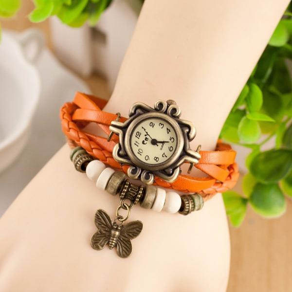 Relógio de Pulso Couro Pingente Borboleta Pulseira Laranja Feminino - Renascença