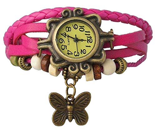 Relógio de Pulso Couro Pingente Borboleta Pulseira Rosa Feminino