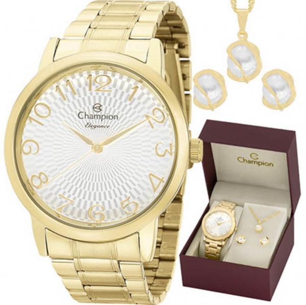Relógio de Pulso Feminino Champion Dourado CN26733W - Colar e Brinco