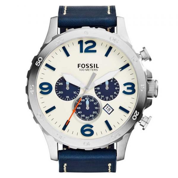 Relógio de Pulso Fossil Nate Masculino com Pulseira de Couro JR1480/0AI - Prata e Azul