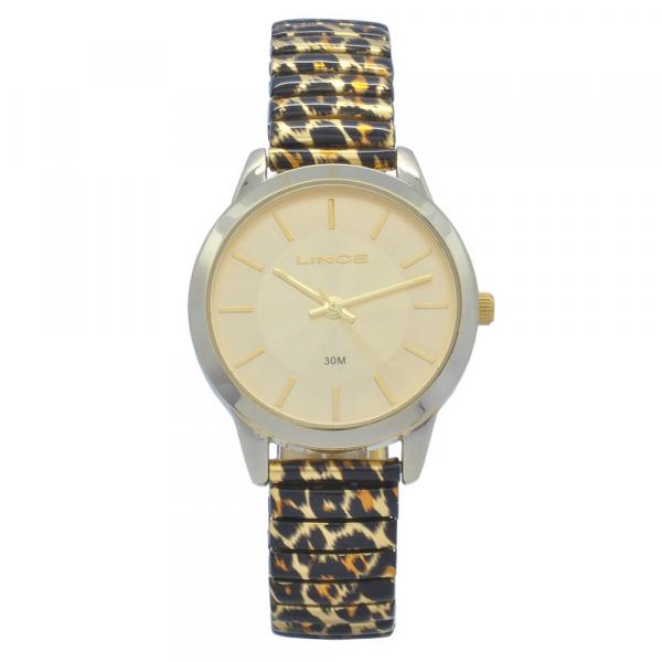 Relógio de Pulso Lince Animal Print Feminino com Pulseira de Mola LRB4265L - Dourado e Marrom