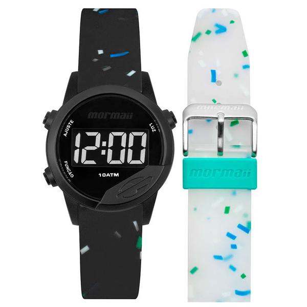Relógio de Pulso Mormaii Infantil MO4100AE/T8W - Duas Pulseiras Preto e Branco com Detalhes Azul