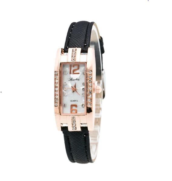 Relógio de Pulso Quadrado Quartz Feminino de Pulseira Couro Preto