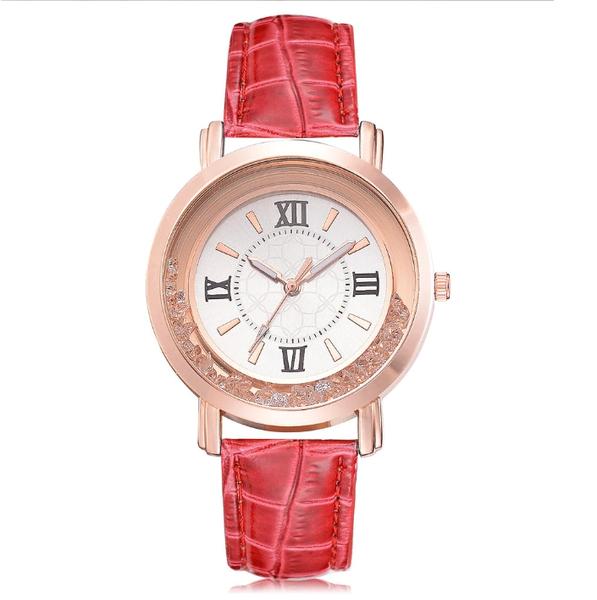 Relógio de Pulso Quartz Feminino de Couro e Pedras Vermelho