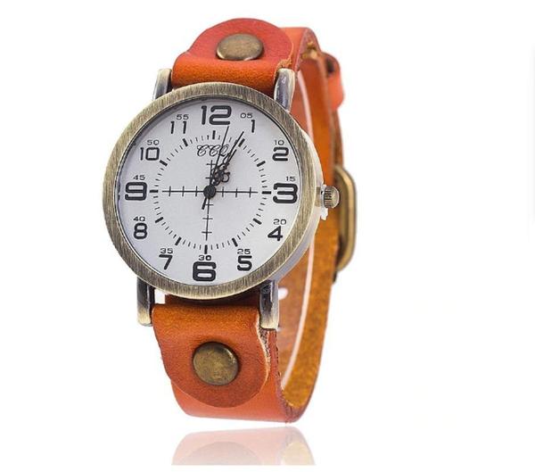 Relógio de Pulso Quartz Feminino de Couro Laranja