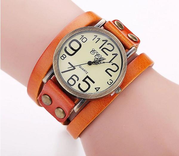 Relógio de Pulso Quartz Feminino de Couro Laranja