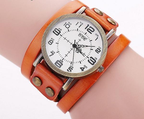 Relógio de Pulso Quartz Feminino de Couro Marrom Laranja