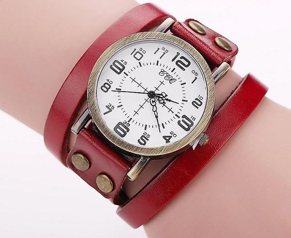 Relógio de Pulso Quartz Feminino de Couro Vermelho