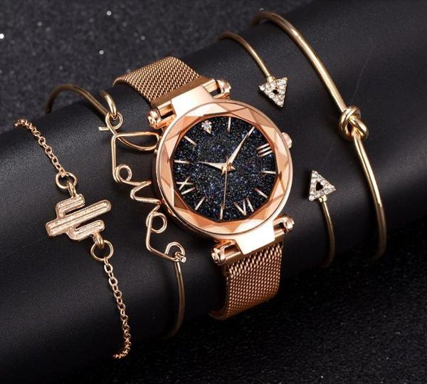 Relógio de Pulso Quartz Feminino de Pulseira Magnética Dourado Rosê e Kit de Pulseiras