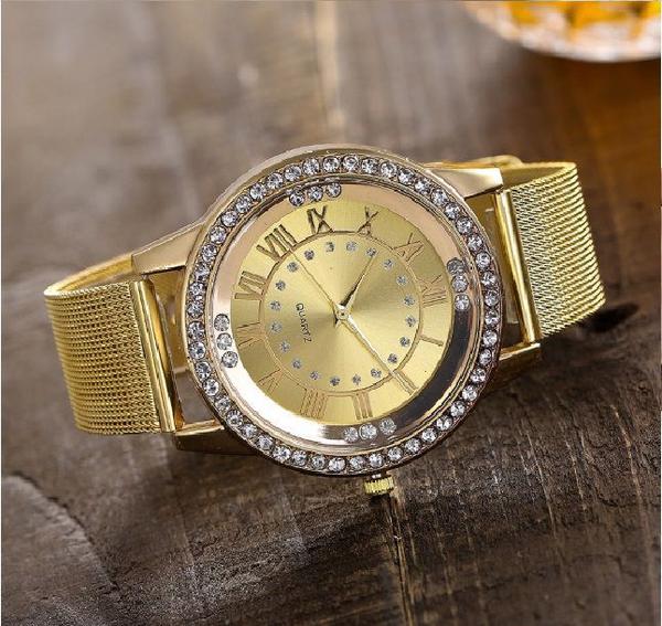 Relógio de Pulso Quartz Feminino Dourado com Pedras