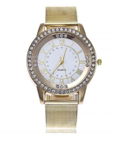 Relógio de Pulso Quartz Feminino Dourado e Branco com Pedras