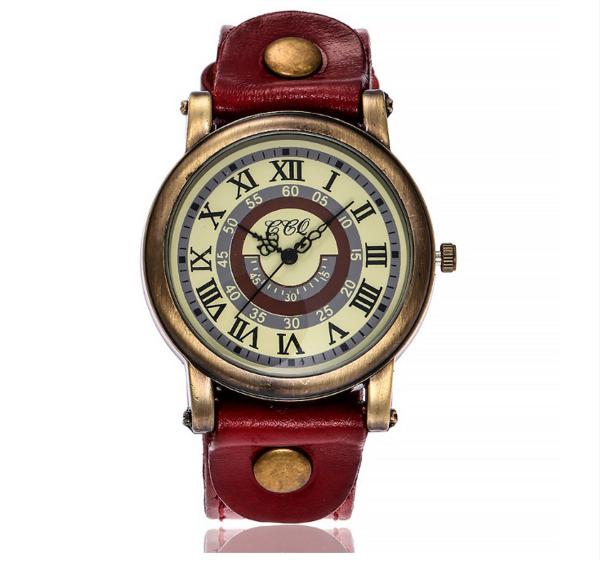 Relógio de Pulso Quartz Feminino Vintage de Couro Vermelho Escuro