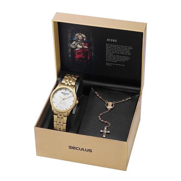 Relógio de Pulso Seculus Feminino Kit com Terço em Semijoia 35006LPSKDA1K1 - Dourado