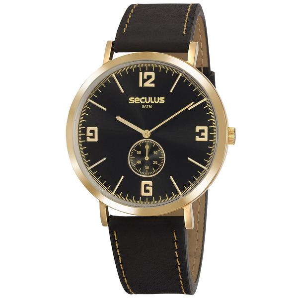 Relógio de Pulso Seculus Unissex com Pulseira de Couro 20763GPSVDC1 - Preto e Dourado