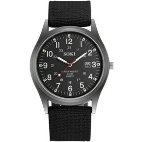 Relógio de Pulso Soki Militar Esportivo - Pulseira Nylon Preto e Fundo Preto