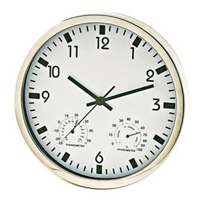Relógio Decorativo de Parede Redondo Branco em Aluminium Natural com Marcadores de Higrômetro e Termômetro 31cm