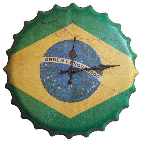 Relógio Decorativo Ø35cm Tampa de Garrafa Metal em Alto Relevo de Parede Brasil Bandeira #004