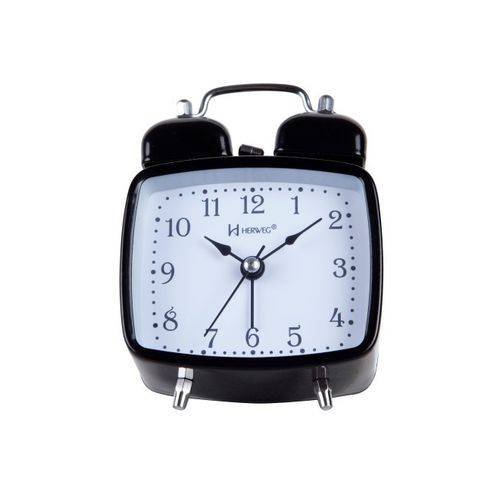 Relógio Despertador Analógico Decorativo Clássico Quartz Quadrado Mecanismo Step Herweg Preto