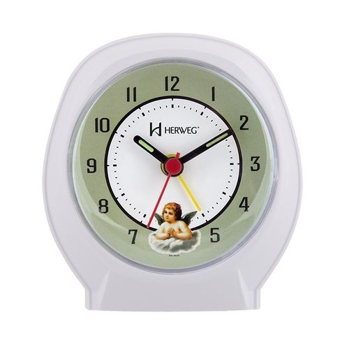 Relógio Despertador Analógico Decorativo Quartz Mecanismo Step Alarme Sonoro Herweg Branco Platina