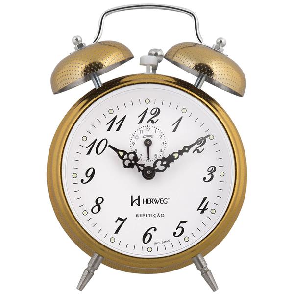 Relógio Despertador Analógico Mecânico Herweg 2380 Dourado Picoteado