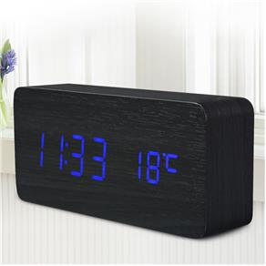 Relógio Despertador de Madeira C/ Visor de LED e Função Temperatura e Calendário AJ6035 (Azul)