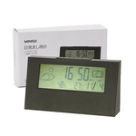 Relógio despertador digital, acende a luz, com previsão do tempo/umidade/data/dia da semana. Cor preto.