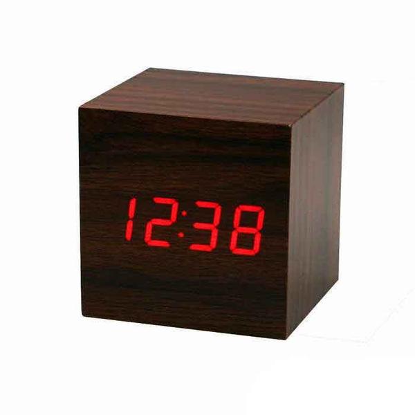 Relógio Despertador Digital Cubo Madeira Led Mesa - Marrom - Horizonte