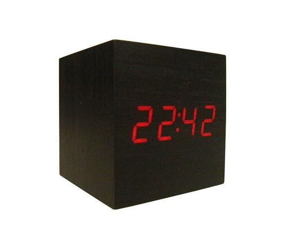 Relógio Despertador Digital Cubo Madeira Led Mesa - Preto - Horizonte