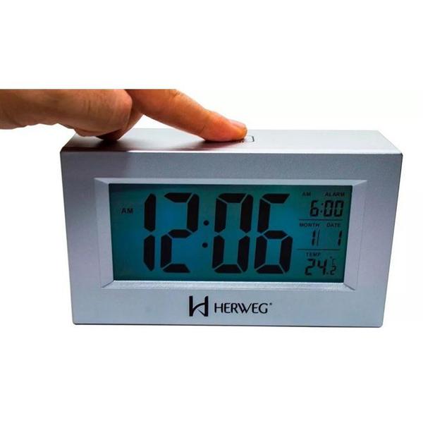 Relógio Despetador Digital Alarme Termometro Luz a Pilha Moderno Herweg Prata