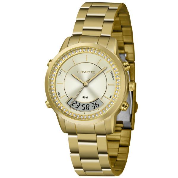 Relogio Digital Analogico Feminino Lince Dourado a Prova Dagua Strass LAG4640L