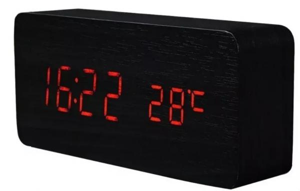 Relógio Digital de Mesa Retrô Design Tipo Madeira com Alarme Cor Preto - Reloxx
