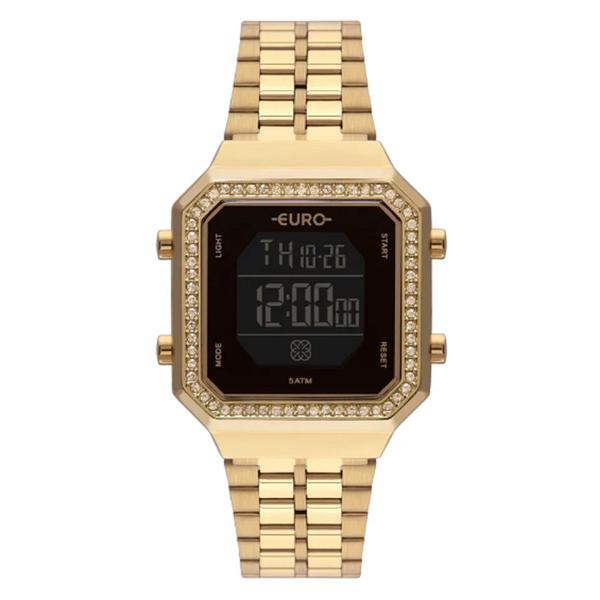 Relogio Digital Feminino Dourado Euro Quadrado Prova Dagua Strass EUBJK032AB/4P