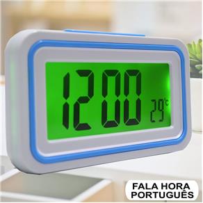 Relógio Digital LCD Fala Hora em Português Azul Claro CBRN09077