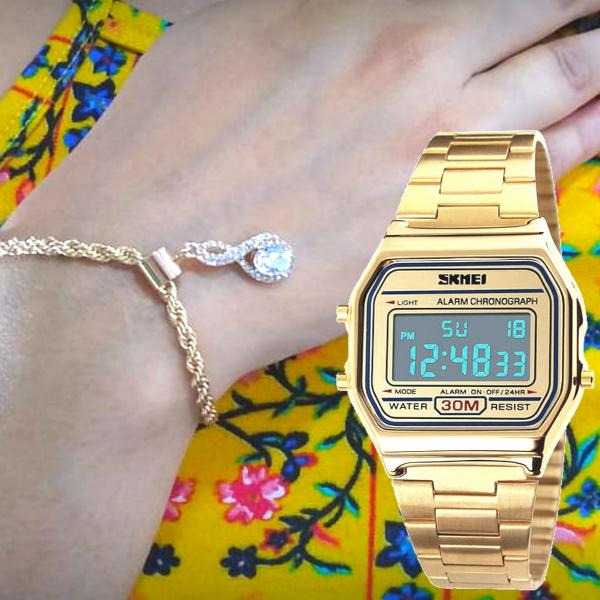 Relógio Digital Vintage Dourado Skmei 1123 Original + Pulseira