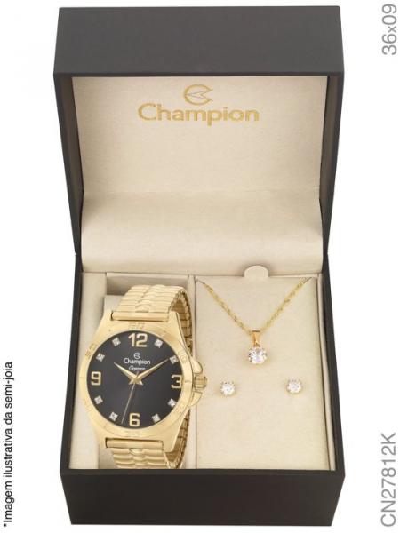 Relógio Dourado Feminino Champion Pulseira Elástica + Brinco + Colar - REF. CN27812k