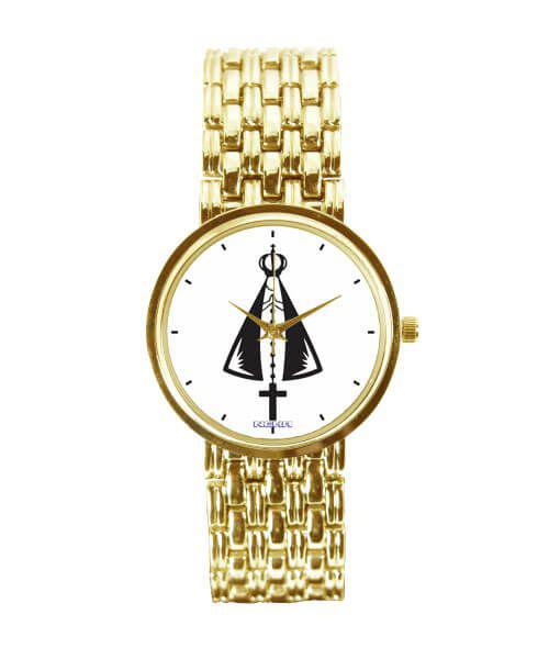 Relógio Dourado Fundo Branco Nossa Senhora Aparecida 3330 - Neka Relógios
