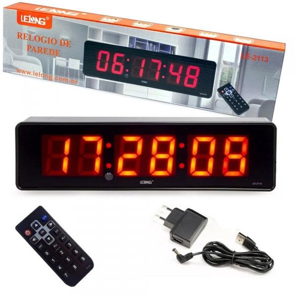 Relógio e Cronômetro Digital de Parede Mesa Led LE-2113 Lelong com Controle Remoto Timer