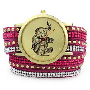 Relógio Elegante com Pulseira em Strass e Desenho de Elefante (Rosa)