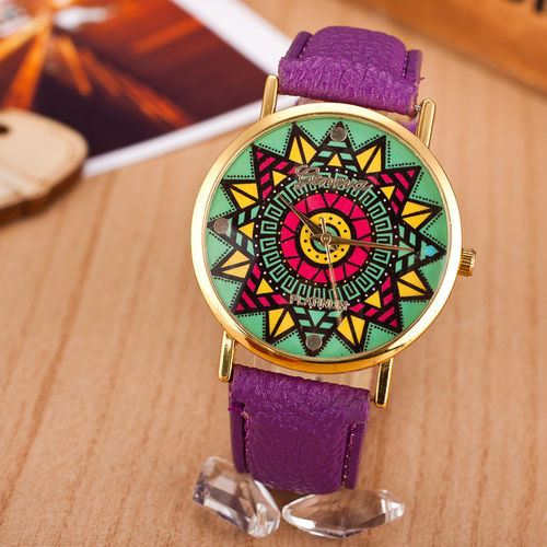 Relógio Fashion Couro Mandala Púrpura